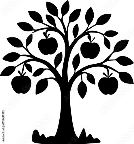 Apple Tree Silhouette with Fruits and Leaves Vector