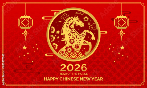 Happy Chinese New Year 2026 Year of the Horse Decorative Red and Gold Design