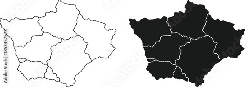Generic Region Map Outline and Solid Black Vector with Internal Divisions
