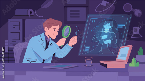 Scientist examining object with magnifying glass in futuristic lab