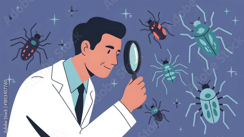 Scientist examines colorful insects with magnifying glass