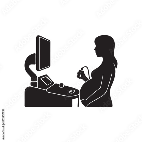 A silhouetted depiction of a pregnant woman undergoing an ultrasound examination with medical equipment displayed nearby