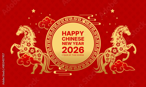 Happy Chinese New Year 2026 Year of the Horse Decorative Red and Gold Design