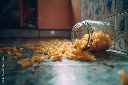 a spilled jar of pasta