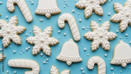 White Christmas Cookies on Blue Background.