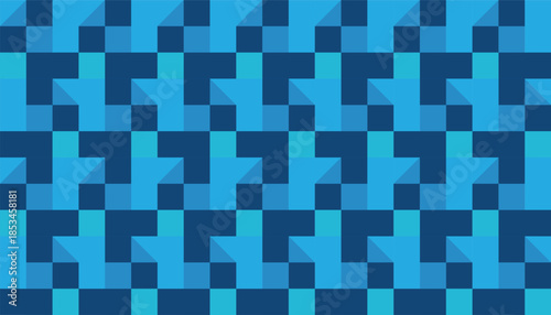 Abstract repeating pattern with bold blue geometric blocks. Modern seamless design featuring rhythmic angular form