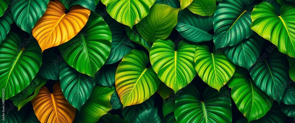 Naklejka premium Large, vibrant tropical leaves in lush green and deep jungle tones, forming a repeating pattern, bright, foliage