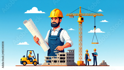 Smiling male engineer reviewing blueprints at a busy urban construction site