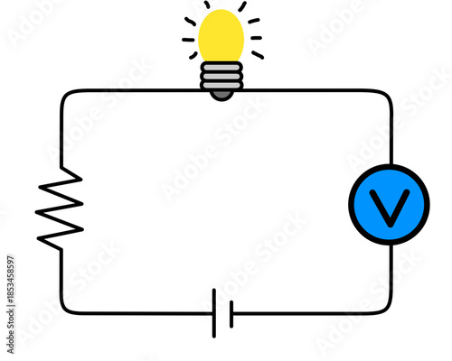 Circuit diagram with light bulb resistor voltmeter and power source