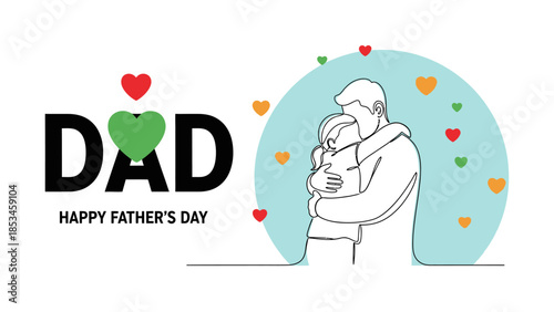 Happy Fathers Day illustration with dad and child hugging.