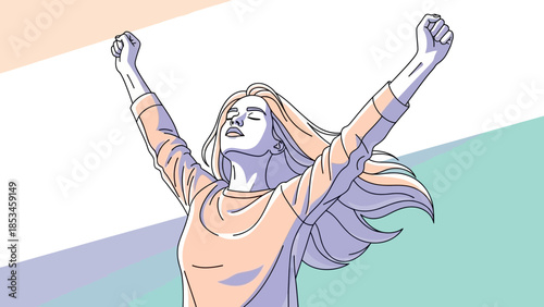 Woman celebrating with arms raised in victory pose.