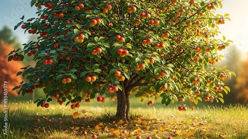 Beautiful apple tree in a field under a bright blue sky.