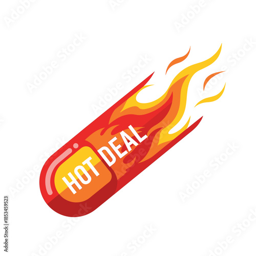 Hot deal themed flaming pill perfect for advertising sales, discounts, or special offers in the pharmaceutical or healthcare industry.