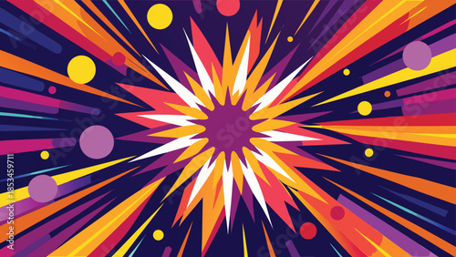 A striking background of purple and orange bursts outward, highlighted by a central star..eps