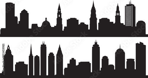 Black silhouettes of city skylines on white background