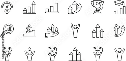 Business growth and success line icons set showing achievement progress education analytics motivation career development symbols for startups corporate training