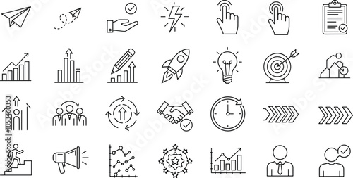 Business strategy and startup growth line icons set featuring innovation goals analytics progress teamwork productivity and success concepts