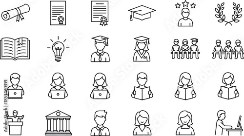 Education and graduation line icons set featuring students teachers diplomas certificates learning achievement academic success symbols