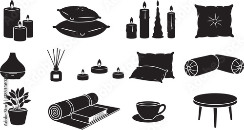 Black silhouettes of home relaxation items