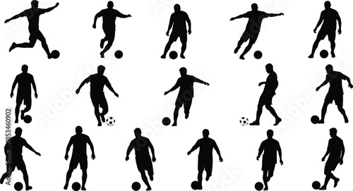 Football soccer player silhouettes set showing dynamic dribbling kicking actions isolated black vector illustration for sports design use collection branding