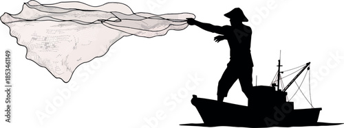 Silhouette Fisherman Standing on Boat Casting Net in Calm Water During Day