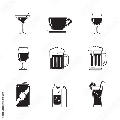 Alcoholic and Non Alcoholic Drinks Collection in Black and White Icons