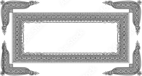 Ornate vintage rectangular frame with floral corner ornaments classic engraved black and white decorative border vector illustration template design background
