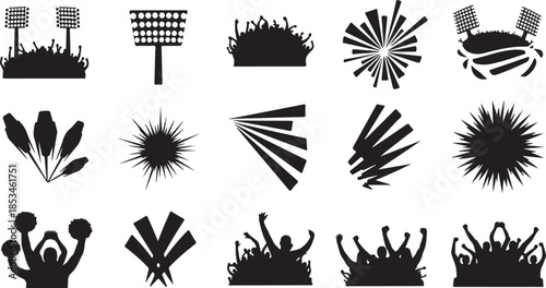 Black silhouettes of sports crowd and cheerleader icons