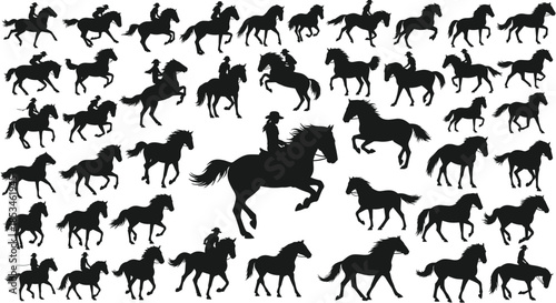 A collection of horse silhouettes showing various poses and rider interactions.