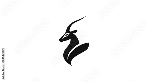Modern minimalist black gazelle or antelope head silhouette with elegant horns. Stylish abstract animal logo design isolated on white.