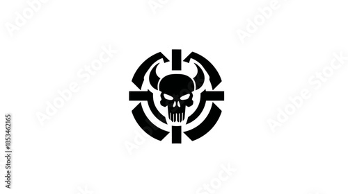 Stylized horned skull and target crosshair icon. Aggressive dark vector graphic symbol for gaming, danger, or design elements.