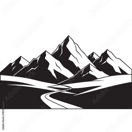 Minimalist mountain landscape with snowy peaks and winding road