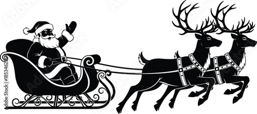 Santa Claus riding sleigh with reindeer silhouette illustration for Christmas holiday celebration winter festive design isolated vector art