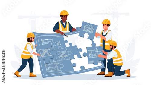 Construction workers assembling large puzzle pieces together