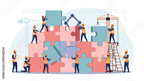 Construction workers building puzzle together at modern worksite