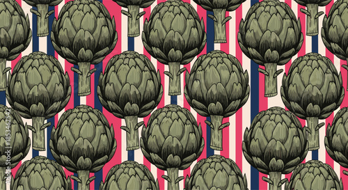 Artichoke seamless pattern with vertical striped background wallpaper