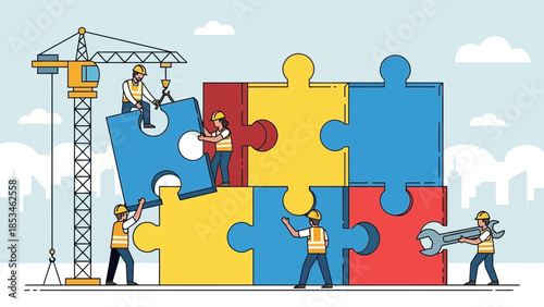 Construction workers assembling large colorful puzzle pieces
