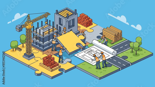Construction workers building puzzle pieces of a new development project