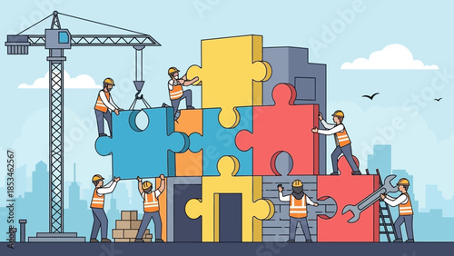 Construction workers assembling colorful puzzle pieces in cityscape