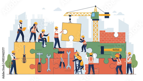 Construction workers building puzzle pieces in a cityscape