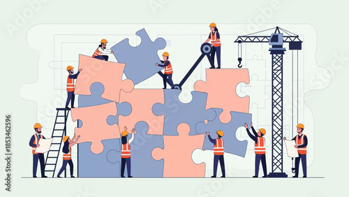 Construction workers assembling giant puzzle pieces with crane