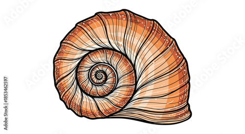 A detailed illustration of a spiraling gastropod shell with distinct ridges and a warm brown hue.