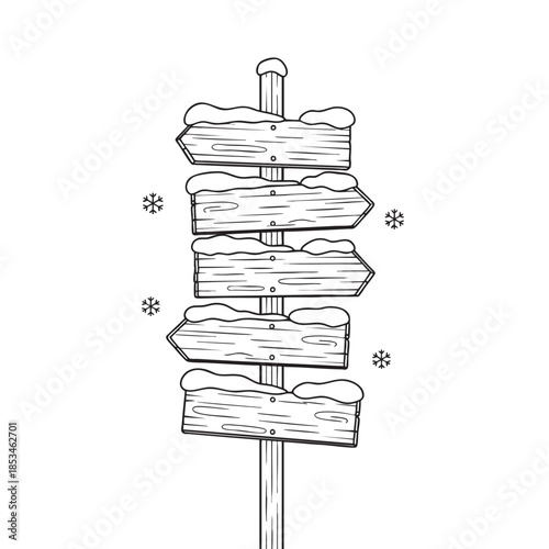 Winter Scene with Snow Covered Wooden Direction Sign