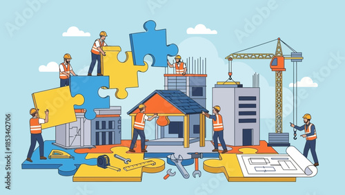 Construction workers building puzzle pieces of a cityscape