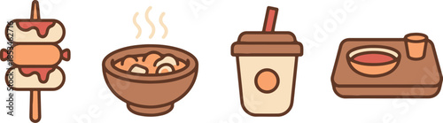 Korean Casual Food and Lunch Vector Set. Sotteok Skewer, Porridge, Coffee Cup, and Cafeteria Tray.