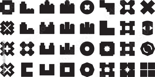 Pixel art shapes and symbols in black on white