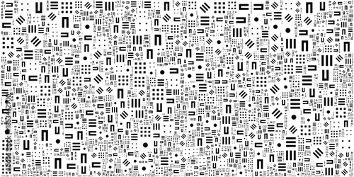 Intricate monochrome digital pattern featuring a dense variety of black geometric symbols and line clusters of different sizes scattered across a white background