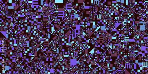 Abstract digital pattern with purple cyan geometric shapes and pixelated glyphs on a dark background, glitch art aesthetic