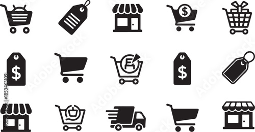 black and white shopping icons set for commerce