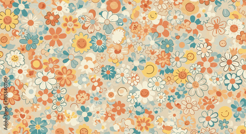 A vibrant and playful retro floral pattern with various whimsical flower designs.